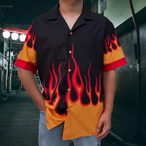 YEMOCILE Button Down Flame Shirt for Men Women Oversized Short Sleeve T-Shirt2