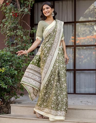 Image of SIRIL Women's Cotton Printed Saree with Unstitched Blouse Piece