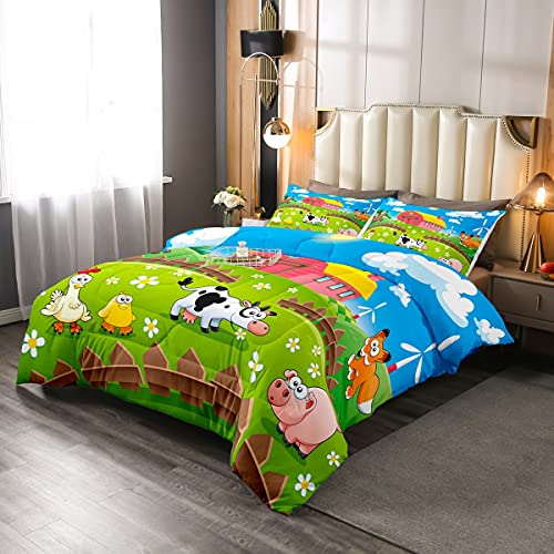 Cartoon Animals Bedding Set Happy Farm Comforter Set For Kids Boys Girls Chicken Duck Milk Cow Pig Comforter Farmhouse Rustic Color Decor Quilt Set Bedroom Collection 2Pcs Twin Size #TOP15