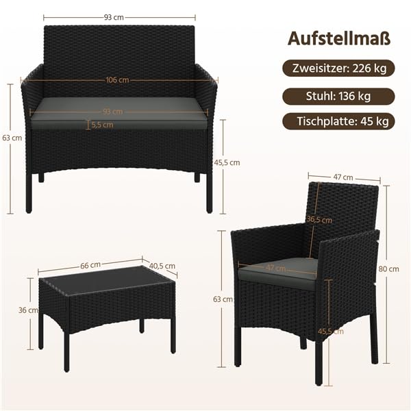 Yaheetech Rattan Gartenmöbel-Set, 4-teilig, Outdoor Lounge Möbel, Tisch, 2 Stühle, 2-Sitzer-Bank, mit Outdoor Kissen wetterfest, Terrassenmöbel, für Terrasse (Schwarz (Rattan) & Grau (Kissen))