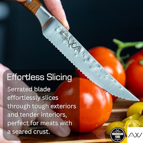 Rockingham Forge Ashwood 12.5cm Serrated Single Steak Knife - Durable Full Tang Natural Wooden Handle - Professional Chef Non-Stick Hammered Finish - Image 4