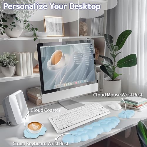 Image of Sushret Cloud Wrist Rest Keyboard, Cloud Keyboard Wrist Pad Set with PU Leather Memory Foam, Cute Arm Rest for Palm Support, PC /Gaming Desk Accessories /Office Setup /Computer Hand Cushion - Blue