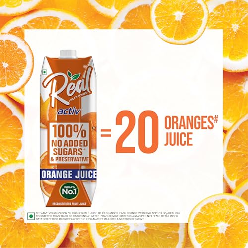Image of Real Activ Orange Fruit Juice - 1L | 100% No Added Sugars & Preservatives | Rich In Vitamin C | Goodness Of Best Oranges | Tasty, Refreshing & Energizing Fruit Drink