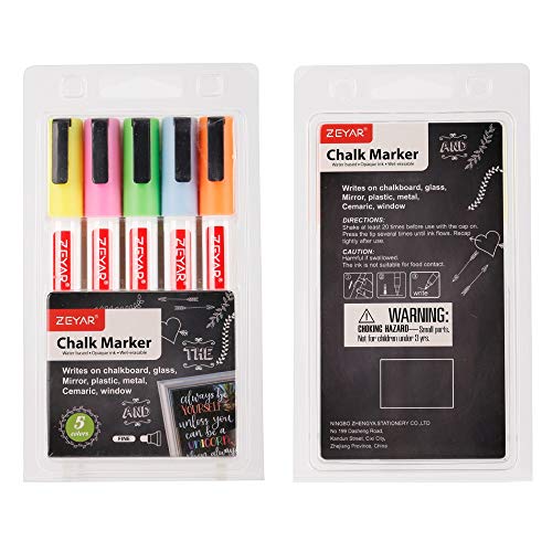 ZEYAR Liquid Chalk Marker-Wet Erase Marker, 3mm Fine Tip for Detailed Drawing, Pack of 5,Great Color Options, Writes on Nonporous Chalkboards, Bistro Boards, Windows and Plastic (Neon Colors)