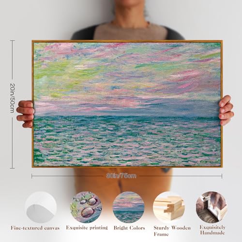 crmotu Framed Canvas Wall Art, Ocean Sunset Vintage Landscape Painting, Sea Dusk Aesthetic Art Prints, Abstract Nature Pictures Wall Decor Living Room Bathroom Bedroom Farmhouse Office Artwork 20x30in