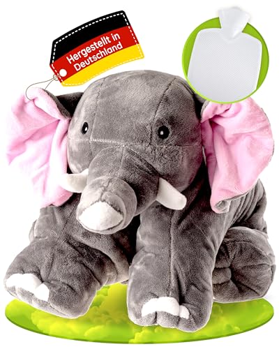 Hugo Frosch Wärmflasche Klassik 1,8l – Made in Germany – mit weichem Elefant-Kuschelkissen Grau – große, auslaufsichere & geruchsneutrale...