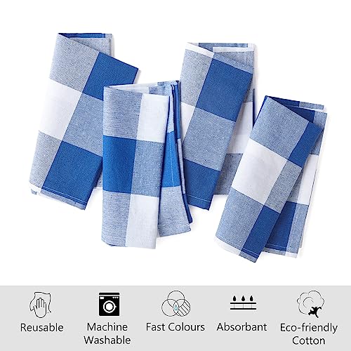 Image of Encasa XO Dining Table Napkins Set of 6, 43x43 cm | Machine Washable Reusable, Recycled Cotton Cloth Napkin, Soft & Absorbent, Table Decor for Hotels, Farmhouse - White & Buffalo Blue Checks