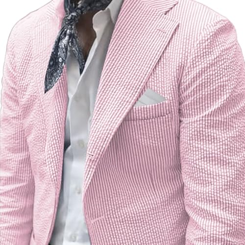 Men Seersucker Sports Jacket Coat Classic Summer Blazer Seersucker Suit for Men Beach Wedding Blazer Pink 2XL2
