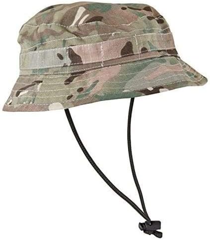Short Brim Bush Hat for Men - Polycotton Ripstop, Fedora Style, Coyote Elastic Tabs for Foliage Attachment, Adjustable Chin Retaining Strap, All Seasons, Camouflage Pattern