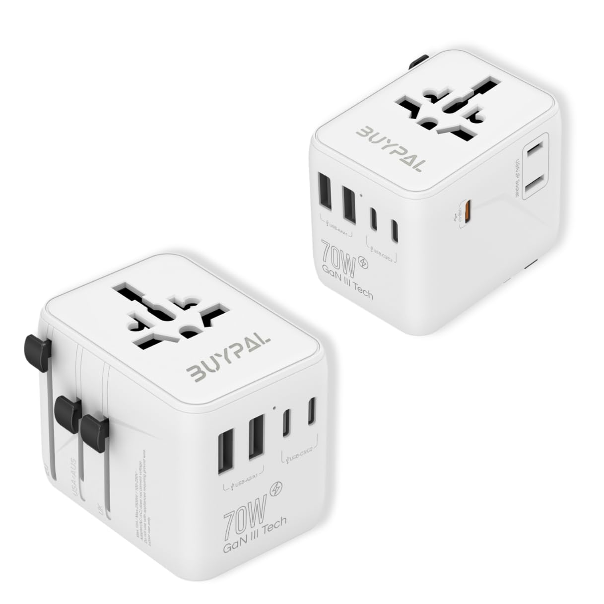 7 in 1 World International Travel Plug Adapter - Powerful GaN Tech 70W with 3X USB-C and 2 USB-A Ports Cruise Approved, Universal Travel Adapter 100V 250V A/C, EU US UK AUS Asia
