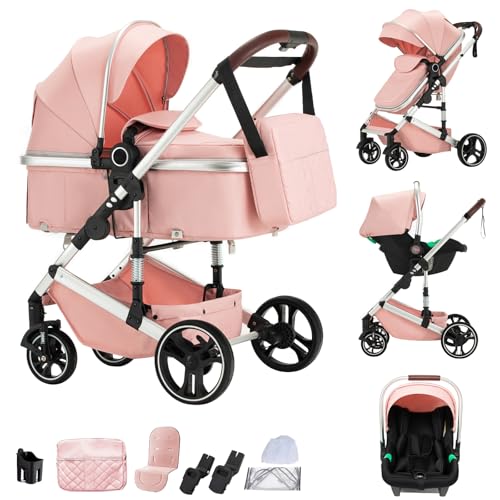 Shineey Carrito Bebe 3 en 1,Cochecito de bebé 3 en 1 Cochecitos Portátil Plegable Con,Carricoche Combinado Paisaje Alto Marco de Aluminio Para Recién Nacido (H9-PINK, H9-Plegado un toque)