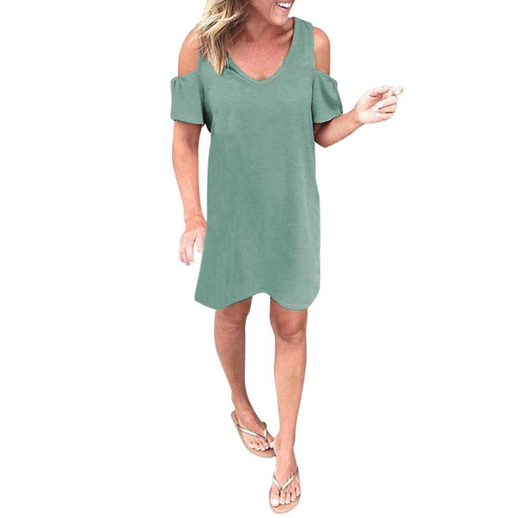 LEXUPE Women Comfortable Sexy Dresses Casual Fashion Summer Skirts Ladies Cold Shoulder Short Sleeve Mini Dress Evening Party Dress