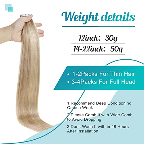 Fshine Real Human Hair Extensions Tapes 16 Inch Tape in Hair Extensions Dark Blonde Highlighted Bleach Blonde 50 g 20 Pieces - Image 4