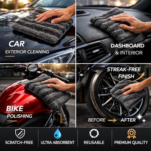 Image of Cutting EDGE 900 GSM - Pack of 1 - Microfiber Car Cleaning & Drying Towel (40 x 40 cm), Thick Soft Lint-Free & Streak-Free Super Absorbent Double Layer Cloth for Car & Bike (Grey)