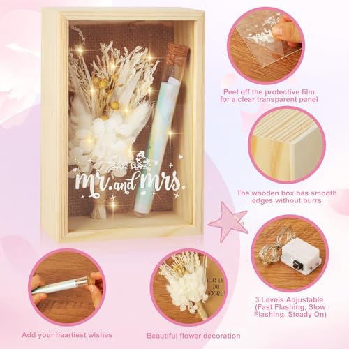 Hochzeitsgeschenke für Brautpaare,Geldgeschenk Hochzeit,Mr und Mrs Geschenkbox inklusive Getrocknete Blumen,Holzbox,Kunststoff Reagenzglas,Lichterketten,Grußkarte,0.5m Seil,Hochzeitstag