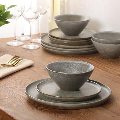Image of Gibson Elite Coastal Forest Plates and Bowls Sets, 12-Piece Stoneware Dinnerware Sets, Triple Reactive Glaze Dish Set - Slate Grey