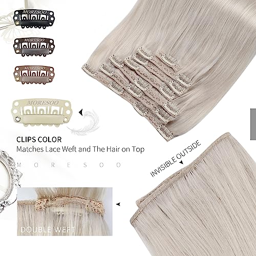 Moresoo Clip in Human Hair Extensions White Blonde Full Head Clip in Hair Extensions Real Human Hair Blonde Remy Hair Straight 22 Inch 7 Pieces/120g #60A - Image 4