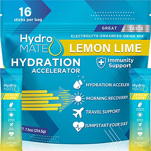 NatureWorks HydroMATE Electrolytes Powder Packets Hydration Accelerator Drink Mix Rapid Party Relief Recovery Vitamin C Lemon Lime16 Sticks