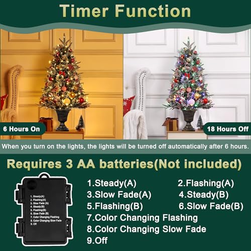 GAOMON 3 Ft Christmas Tree with 78 Multicolor Led Lights, Pre-Lit Artificial Christmas Trees with Potted Base, Snow Flocked, 8 Lighting Modes, Battery Operated, Xmas Tree for Home Decor