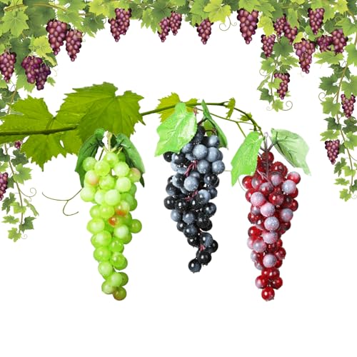 Molyorch 3 peças Uvas artificiais realistas, uvas falsas decorativas, caracóis uvas artificiais, para decoração de vinho, suportes artificiais de frutas
