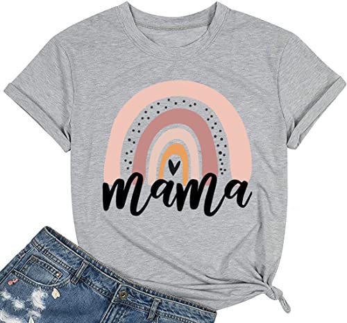 Image of Mama and Mini Rainbow Graphic Tees Mommy and Me Matching Shirts Tops Casual Short Sleeve Mother and Daughter T Shirt