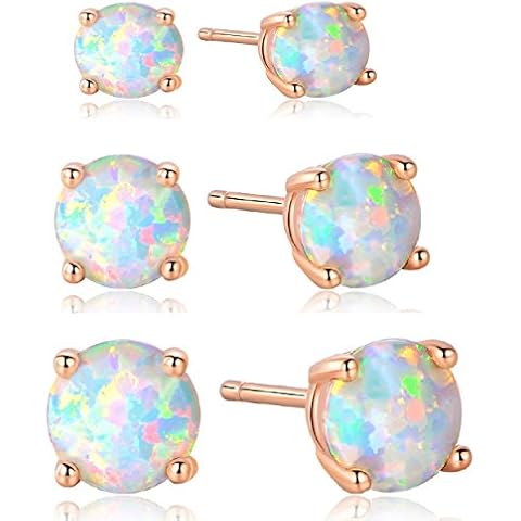 GEMSME 18K Rose Gold Plated Opal Stud Earrings 6MM Round For Women (3mm/4mm/5mm Pack of 3) Cover