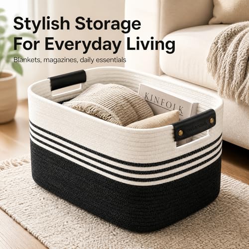 Image of Cotton Rope Laundry Basket Extra Large, 22.8GAL Collapsible Woven Storage Baskets for Living Room Kids Toys Stuffed Animal,Boho Rectangular Decorative Hamper for Dirty Clothes, Blankets White Black