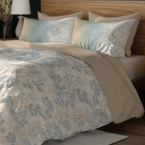 Image of LANE LINEN 400TC Morrison Bloom Super King Size Bedsheet with 4 Pillow Cases | 100% Cotton Digital Print Bedding Set (2.74 M x 2.74 M) | Modern Floral Pattern for Luxurious Comfort (Brown & Blue)