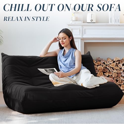 Image of Bean Bag Chair, Loveseat Fireside Chair Bean Bag Sofa for Adults, 2 Seater Bean Bag Chairs for Teens with High-Resilience Foam, Memory Foam Bean Bag for Living Room, Bedroom, Office (Suede, Black)