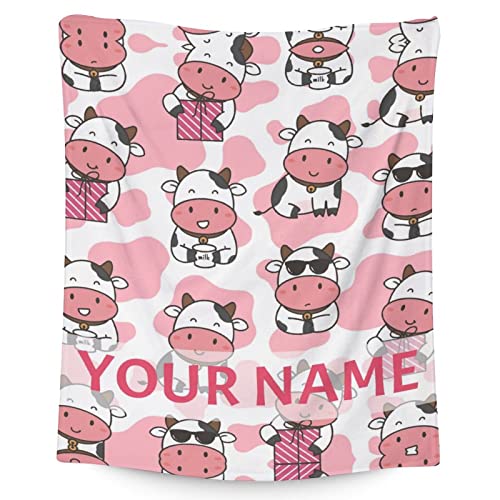 Personalized Cow Blanket Gifts with Name - 30"x40" Cute Throw for Women, Girls - Pink Soft Fuzzy Blankets for Couch & Office