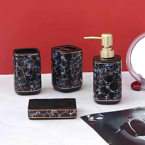 Image of E-EZRA Ceramic Bathroom Accessories Set of 4, Modern Ceramic Bath Set with Liquid Soap Dispenser and Toothbrush Holder, Bathroom Accessory Set (Black)