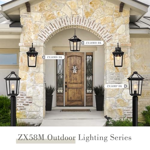 Image of zeyu 15.4 Inch Outdoor Hanging Light, Medium Exterior Pendant Porch Light for House Garden, Die-Cast Aluminum with Seeded Glass, Black Finish, ZX58MH BK