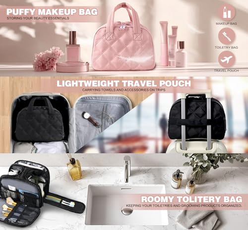 Travel Toiletry Bag – Large Lightweight Makeup Bag for Women, Wide-open Puffy Cosmetic Organizer with Dry-Wet Separation, Luggage Strap & Handle for Easy Travel, Gym, Essentials (BLACK)4