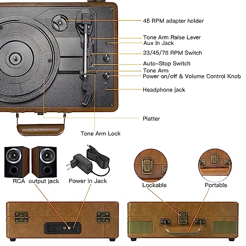 Trynnay Tourne-Disque Portable Bluetooth à 3 Vitesses avec Haut-parleurs intégrés, Platine Vinyle, Son Audio amélioré, Cuir synthétique rétro, Marron-Noir - Les Beatles, Paul McCartney, John Lennon, RIngo Starr, George Harrison Trynnay Tourne-Disque Portable Bluetooth à 3 Vitesses avec Haut-parleurs intégrés, Platine Vinyle, Son Audio amélioré, Cuir synthétique rétro, Marron-Noir – Image 5