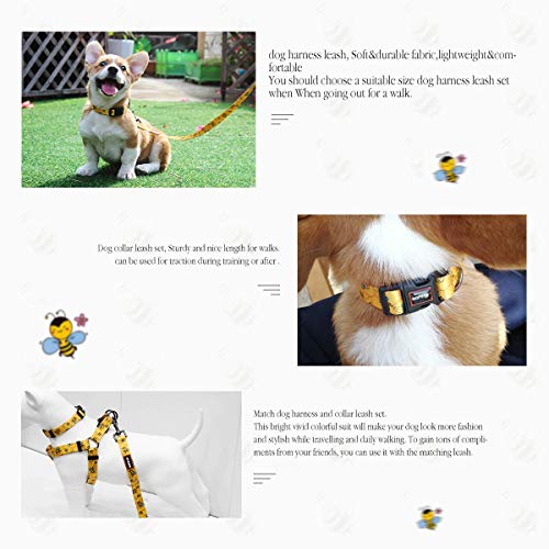 Dog Collar Harness Leash Set and Basic Collar, Adjustable Vest Harness Back Clip Heavy Duty 5FT Anti-Twist Leash for Extra Small Medium Large Breed Training Easy Walk Running Hiking (Yellow Bee, XS)