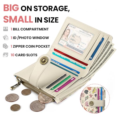 Image of Small Wallet for Women, RFID Blocking Bifold Card Holder Wallet with 10 Card Slots, Cash Compartment, Zipper Coin Pocket & ID Window, Cute Soft Vegan Leather Compact Wallet, Sea Shell