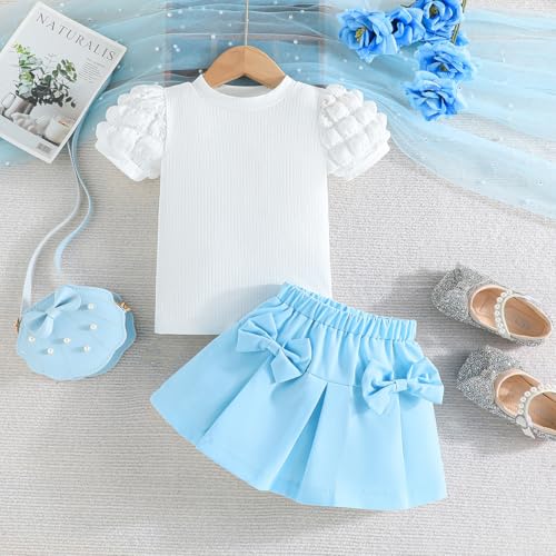 Image of Toddler Girl Summer Outfits Puff Short Sleeve Ribbed Knit Tops Mini Skirt Set Cute Girl Clothes