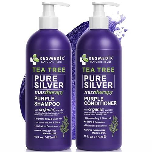 KESMEDIK Tea Tree Purple Shampoo & Conditioner Set with Rosemary & Aloe, Professional Anti Brass Toner, Removes Yellow Tones for Gray, Bleached, White & Blonde Hair, Refreshes Scalp, Sulfate-Free