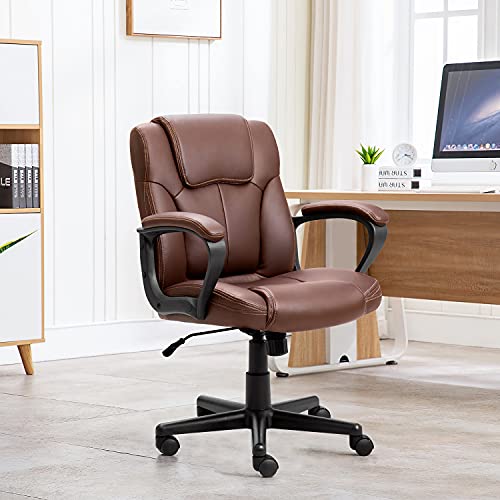 Shahoo Executive Office Chair Mid Back Swivel Computer Task, Ergonomic Leather-Padded Desk Seats With Lumbar Support,Armrests, Brown #TOP2