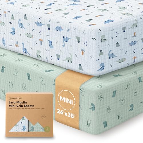 Image of 2-Pack Muslin Mini Crib Sheets for Boys, Girls - 38x26 Pack and Play Sheets Fitted,Organic Cotton,Compatible with Graco Pack N Play Mattress,Neutral Toddler Playard Bedding,Soft Breathable (Dino Park)