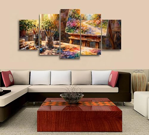 5 Piece Canvas Wall Art Five Panel Colorful Artist Painting Studio Scene Canvas Prints Framed Paint Brushes Palette Interior Decor for Living Room Bedroom Home Office Creative Art Theme Design
