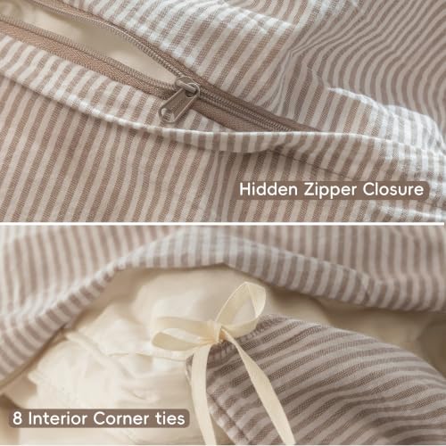Image of MooMee Striped Duvet Cover Set 100% Washed Cotton Linen Like King | Relaxed Linen-like Texture. Soft, Breathable & Long-lasting Comfort. Lightweight. Hidden Zipper with 8 Interior Corner Ties