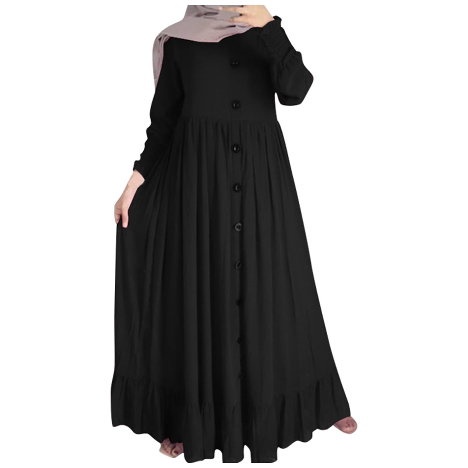 Elegante Vestido Informal de Talla Grande con Ajuste cómodo y Detalle Plisado de Cuello Redondo para otoño.