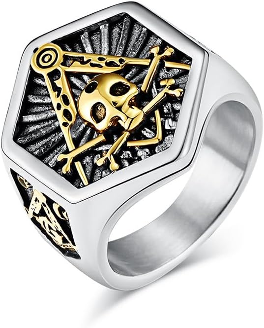 Men's Stainless Steel Vintage Freemason Masonic Biker Rings Cool Skull Head Signet Rings Band Silver Gold Size 9