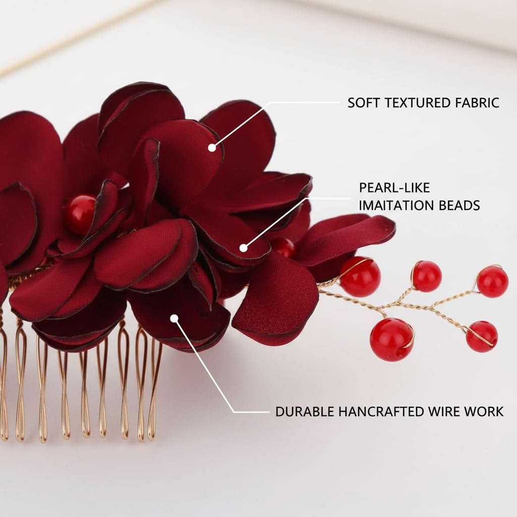 FOMIYES Peineta Lateral Con Flores De Tela Roja Y Cuentas Imitación Accesorio Ligero Para El Pelo De Mujer Ideal Para Bodas Fiestas Y Eventos Especiales 6.29X2.75 Pulgadas