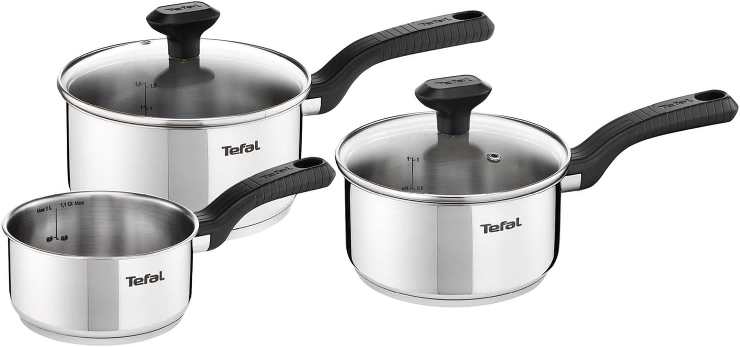 Tefal Comfort Max 3 Peice Stainless Steel Set, Durable Cookware for Healthy Cooking, Induction Compatible, Ergonomic Stay-Cool Handle, C973S344
