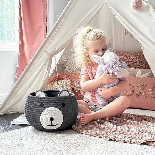 Image of CherryNow Baby Basket for Nursery, Bear Gift Baskets for Kids, Empty Baby Shower Basket with Handles, Small Cute Animal Cotton Rope Baskets, Grey, 10.5 inchD x 8.5 inchH