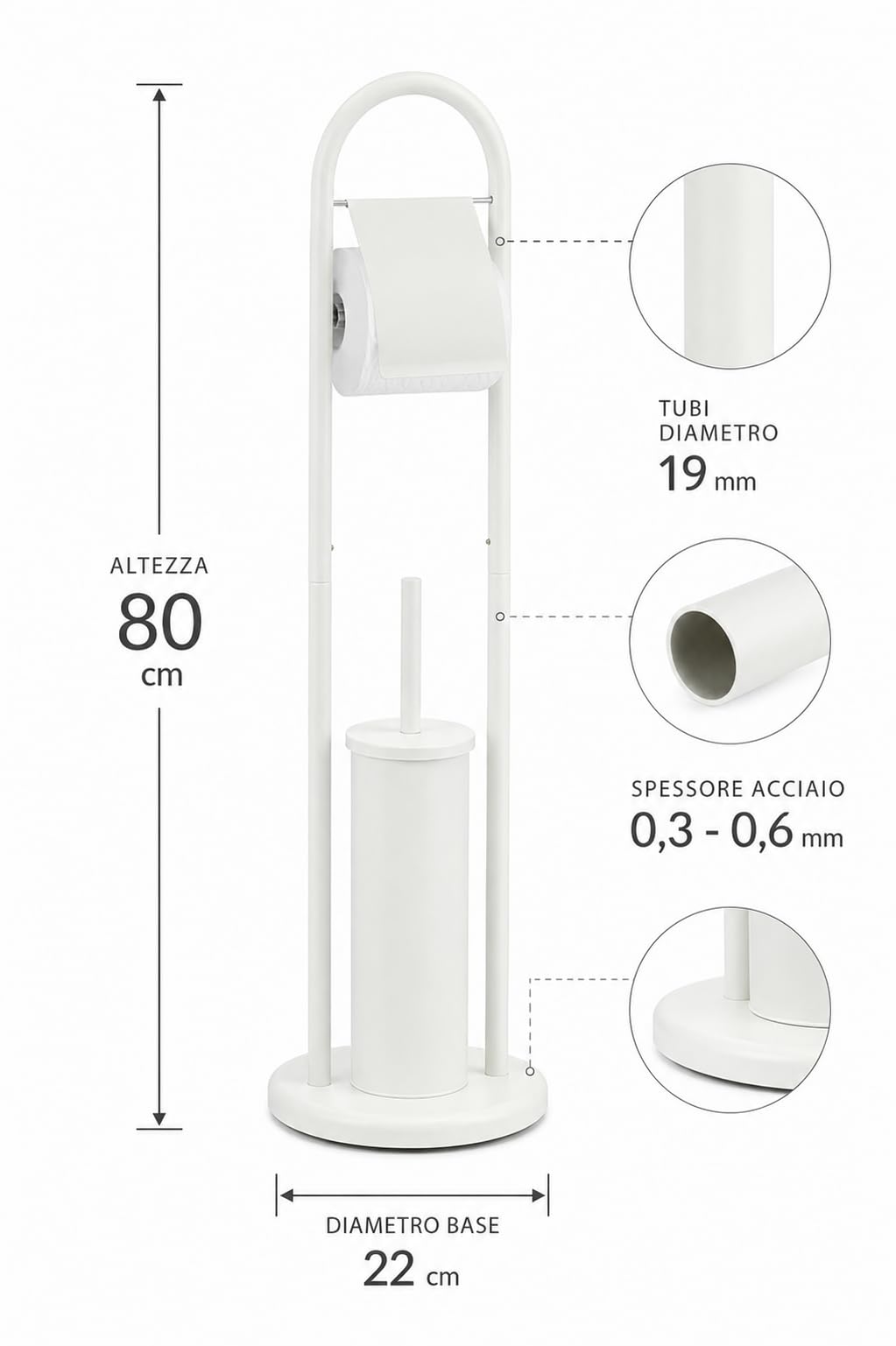 Porta Rotolo con Scopino WC da Terra in Acciaio Inox, Porta Carta Igienica Bagno Moderno Salvaspazio (Bianco)