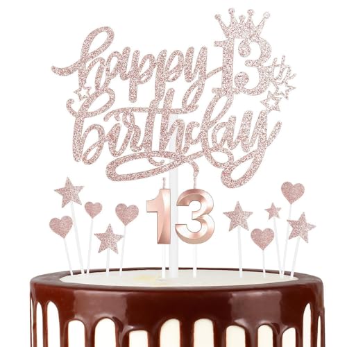 Set di candele oro rosa per 13° compleanno, decorazioni per 13° compleanno da ragazze, numero 13 candele oro rosa per torta, decorazioni personalizzate per torte con stella per ragazze e donne