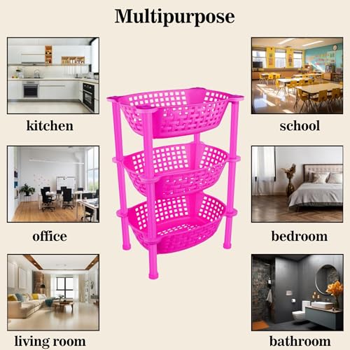 Image of Sulfar Multipurpose Plastic Trolley with Dish Rack for Kitchen Vegetable Storage Basket Modern Organizer - 3 Layer Stackable Shelf Cart Food, Snacks, Bottles, Toys, Tiered Shelf (Pink)